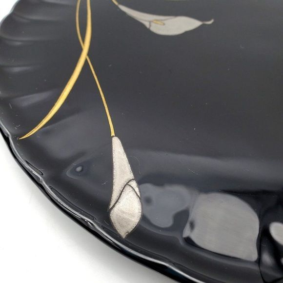 Mikasa Gold Leaves CAKE PLATE Black Glossy Serving Platter Silver Calla Lily VTG - Picture 3 of 8